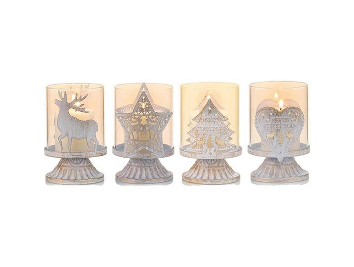 Kerzenständer 4er Set Weiß Used-Look Metall Glas, 8x12x8 cm, Dekoration, Kerzen & Kerzenhalter, Teelichthalter