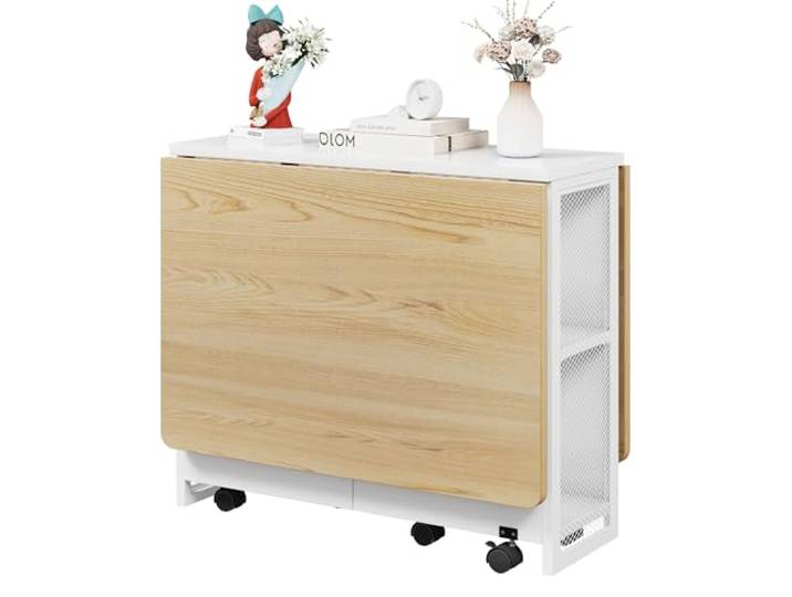 GarveeHome Klapptisch mit Rollen, Erweiterbarer Esstisch mit Stauraum, Belastbarkeit 68 kg, Naturholz-Weiß