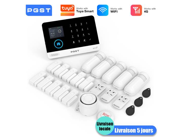 PGST kit alarme anti intrusion intelligent WiFi 4G Works with Tuya Smart Life système de sécurité sans fil pour maison appartement bureau contrôle par application installation facile sans frais