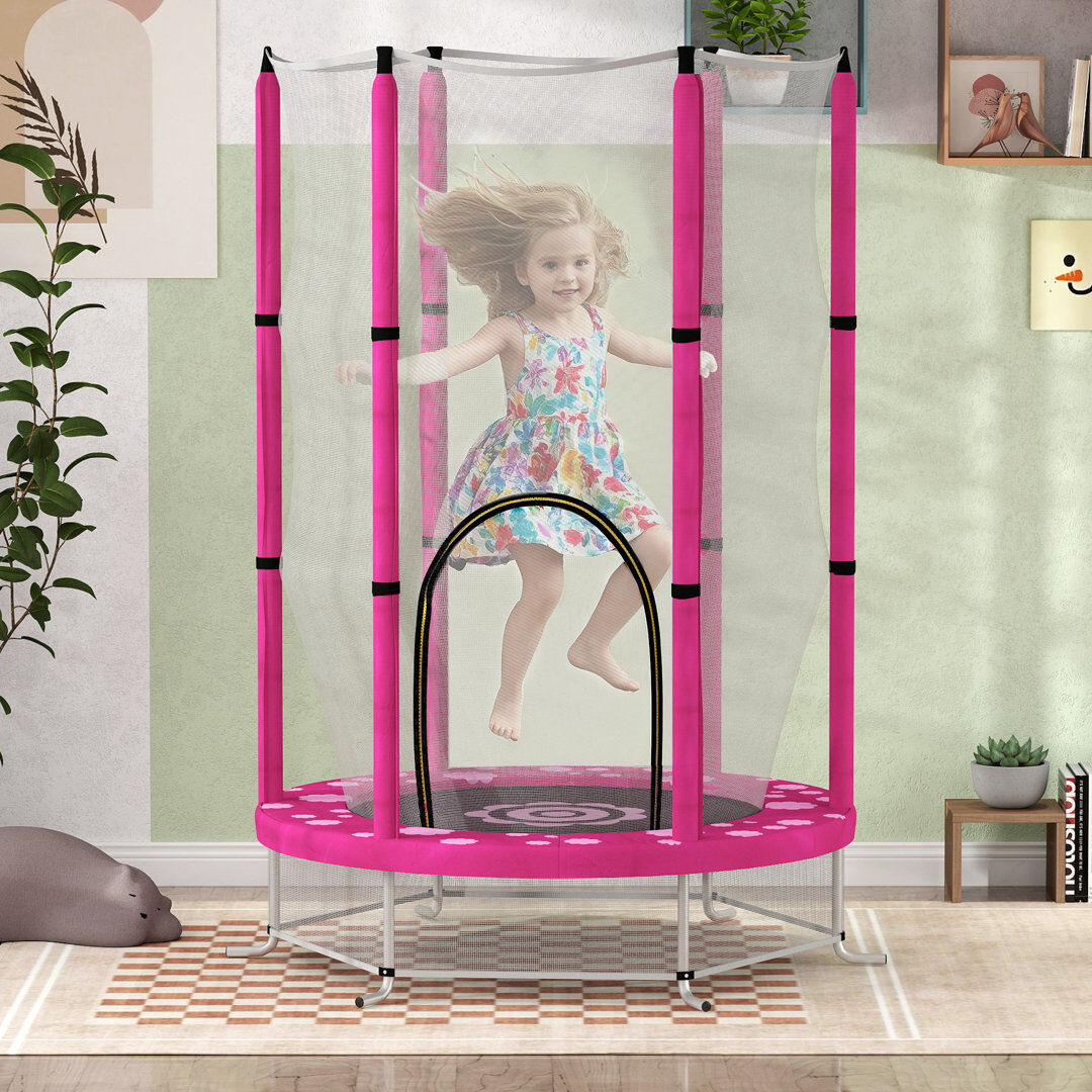 HOMCOM AIYAPLAY 4.6FT Kids Trampoline with Safety Enclosure Net, Sun Pattern, Pink Pink 190cm H X 140cm W X 140cm D