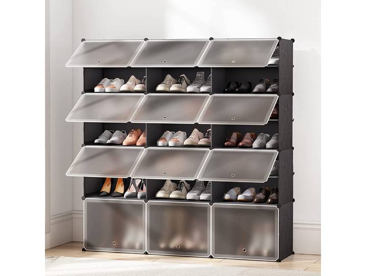 Armoire à Chaussures Portes Transparentes Etagère à Chaussures à 12 Portes Placard Armoire Penderie Debout Cube Etagères de Rangement Organisateur Armoire de Rangement de Vêtement