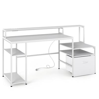 COSTWAY Computertisch mit Ladestation, rollbarem Schublade, Monitorständer, Metallrahmen & verstellbaren Füßen
