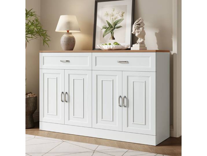Buffet bas AESVAR 120 cm blanc et bois 4 portes 2 tiroirs étagères réglables