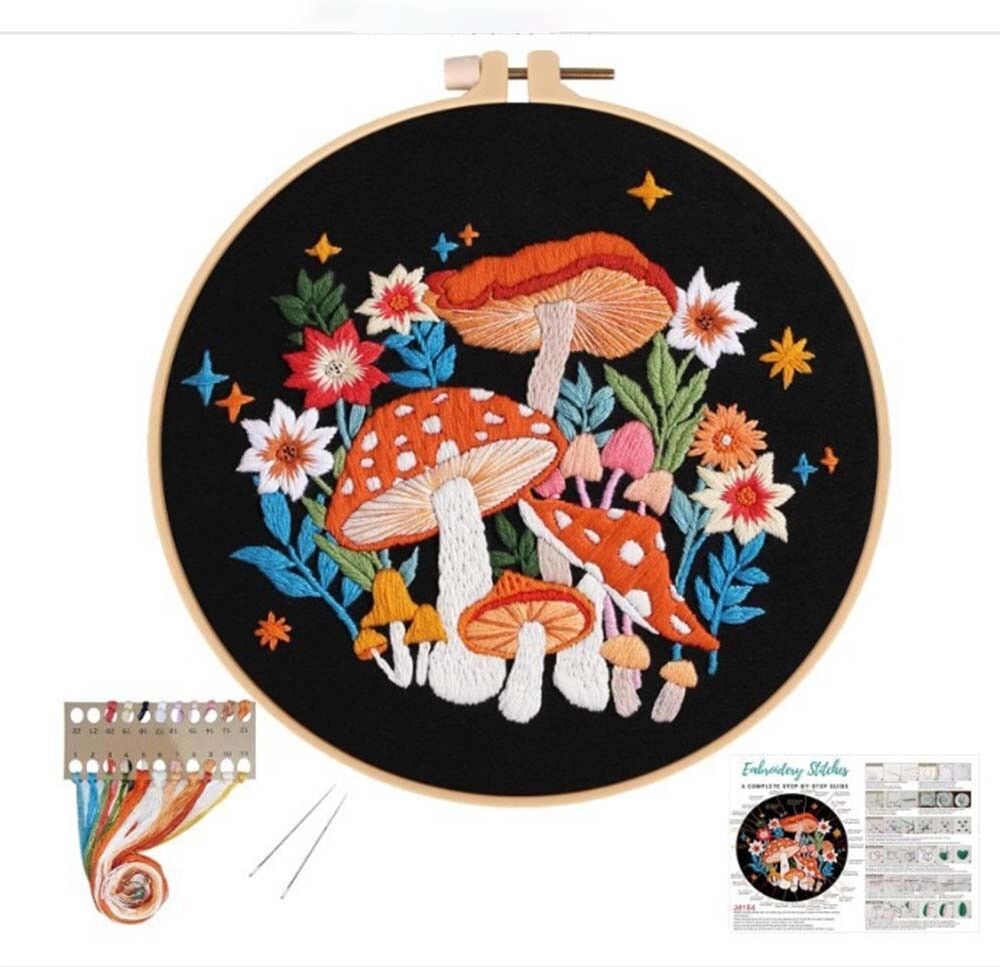 INF Kit de Broderie DIY Champignons Familiaux - Kit de Démarrage Complet pour Débutants - Couleurs Assorties