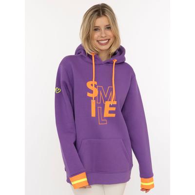 Hoodie ZWILLINGSHERZ "SMILE", Damen, Gr. L/XL, lila (dunkellila), Sweatware, Obermaterial: 50% Baumwolle, 50% Polyester, kontrastfarbene Details, unifarben, bequem Po-bedeckend, ohne Ausschnitt, angesetztes Bündchen kontrastfarben, Sweatshirts...