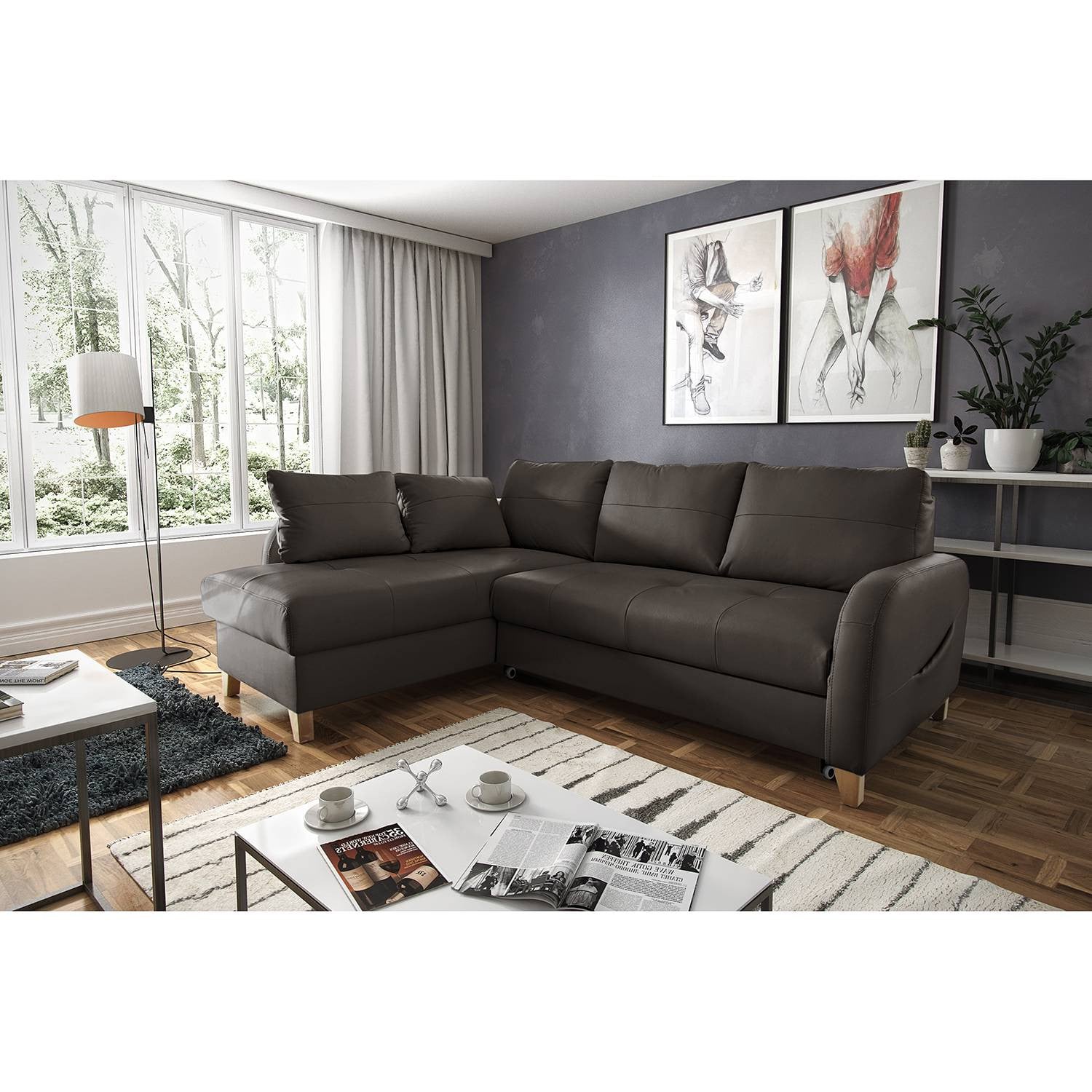 home24 Hoekbank Monserrat bruin/donkerbruin met slaapfunctie en chaise longue links, B/D/H: 227 x 82 x 170 cm