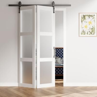 Nuzanto 84''H Double Bi Fold 3 Lite Glass Door Primed Finish With Primed Finish Barn Door