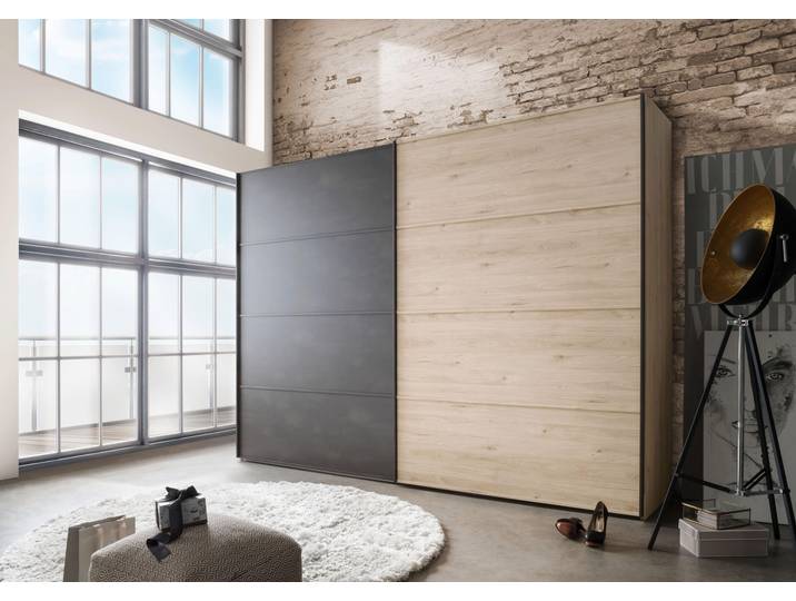 Schwebetürenschrank, Holzwerkstoff, Steineiche & Schiefer, 300×236 cm, 2-türig, Wiemann