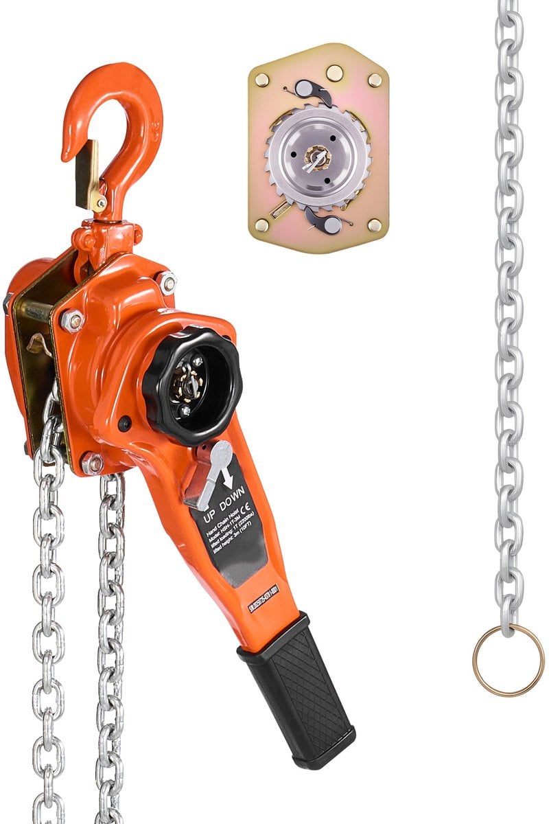 Handmatige Kettingtakel 1000KG met 3M Hefhoogte, Oranje G80 Legeringsstaal Ketting en Dubbele Klikrem, Zware Come Along met 360° Draaibare Haken