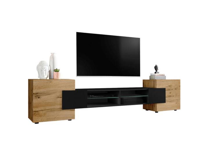Komodee Lowboard Merano Eiche Wotan, Eiche Wotan, Schwarz, Eiche Wotan, 4 Fächer, Rechteckig, 230x52.5x35 cm, Wohnzimmer, TV Möbel, Lowboards, Lowboards stehend
