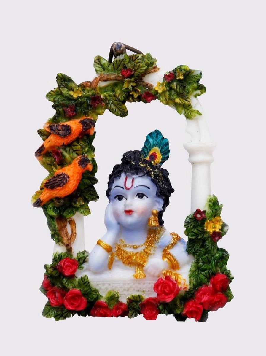 Baby Krishna Wanddecoratie - Handgeschilderd Religieus Beeldje - Multicolor