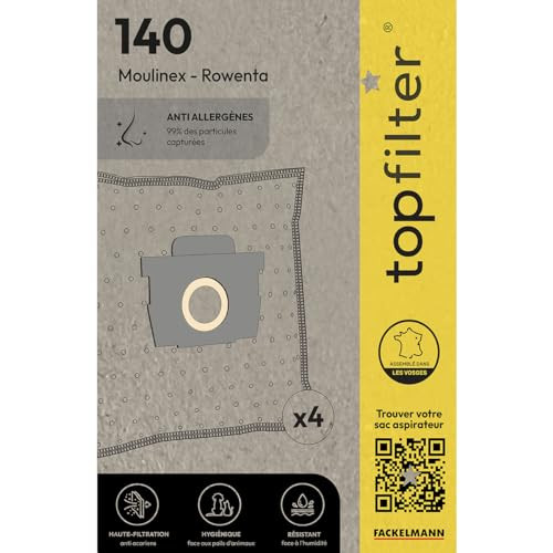 Set van 4 Top Filter 64140 stofzuigerzakken van vlies voor Rowenta en Moulinex Silence Force Premium