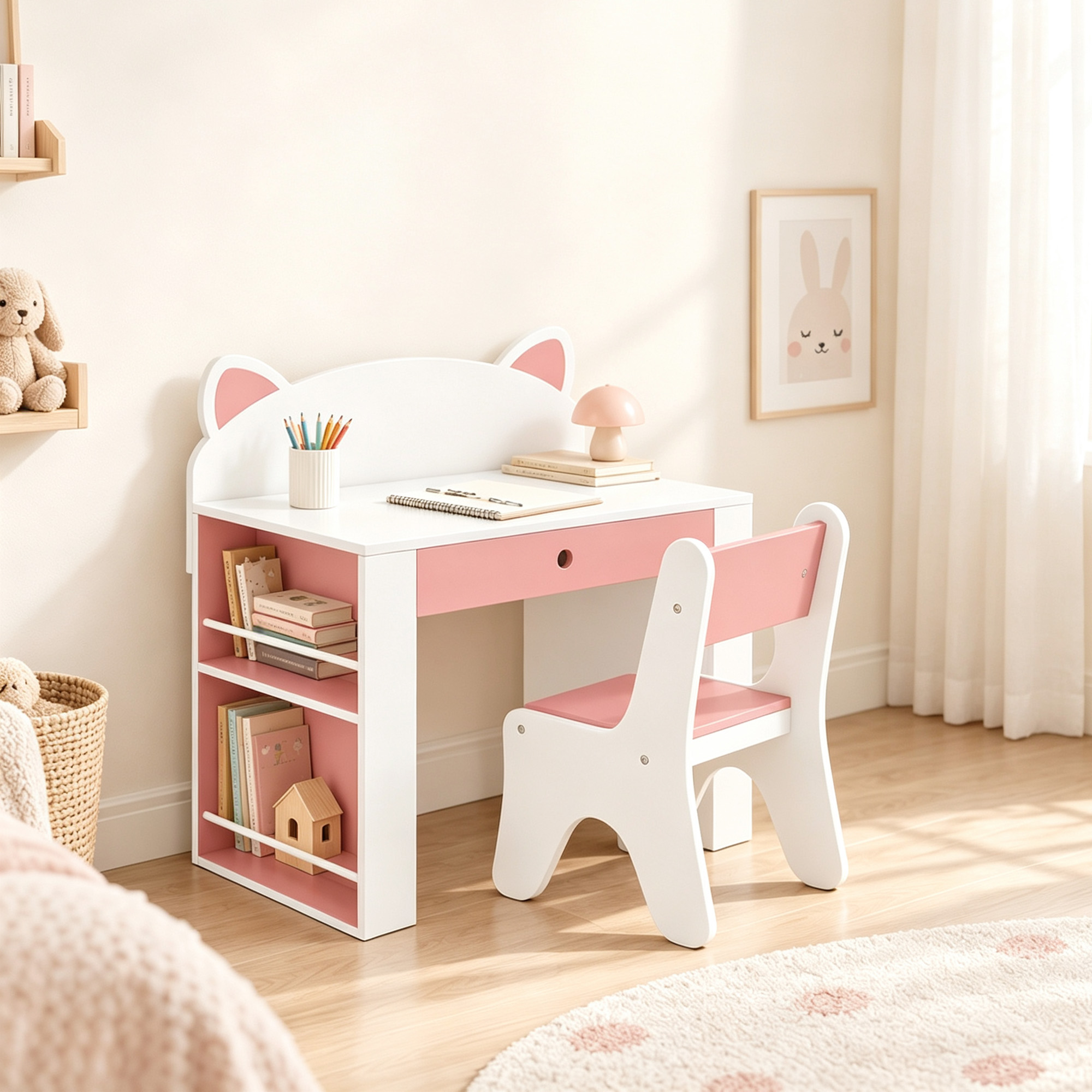 Aiyaplay Set Tavolo Bambini con Sedia, Libreria Laterale, 3-8 Anni, Cassetto, Design con Orecchie di Volpe, Bianco   Aosom Italy