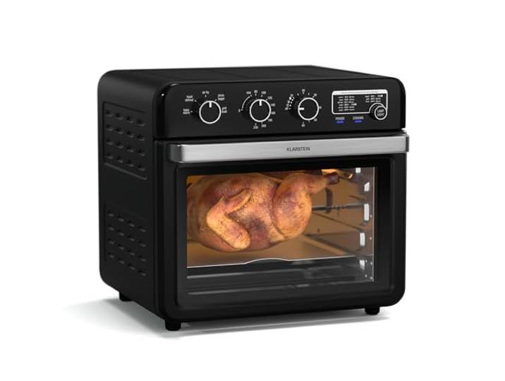 Klarstein AirGlaze Heißluftfritteuse – 34 L, 2000 W, 9 Programme, Drehknopfsteuerung, Rotisserie, Panoramascheibe, Zubehörset: Grillrost, Bratkorb, Backblech, Drehspieß, Schwarz