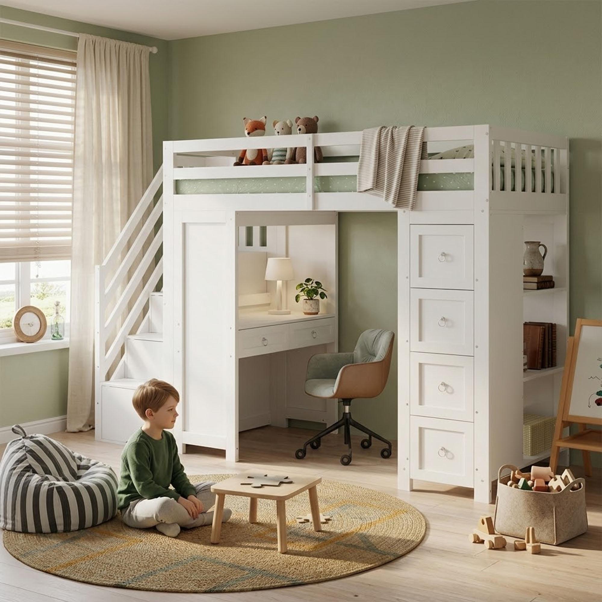 Merax Hochbett Etagenbett 90x200cm mit Lernbereich Schreibtisch, Kinderbett mit Stauraum Leiter und Regale Schubladen, Multifunktional Holzbett, Weiß
