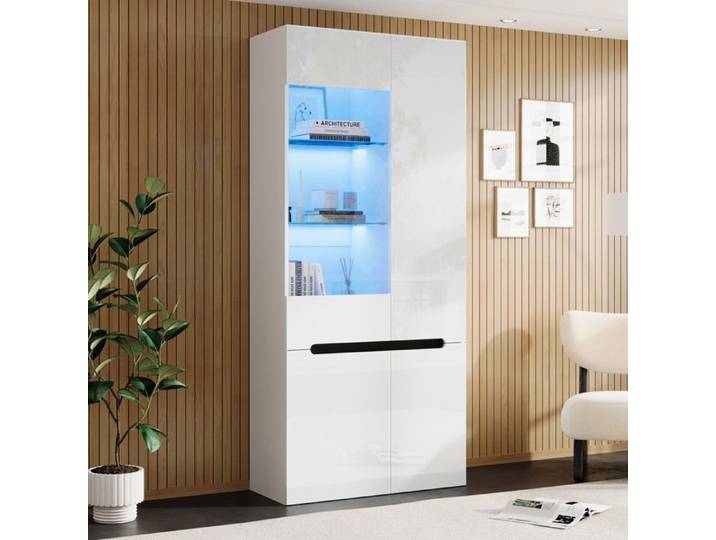 Vitrine avec LED Salon Vitrine en verre de haute brillance 4 portes battantes avec cloison en verre de sécurité Blanc