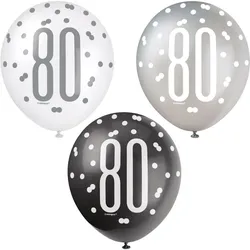 6 Luftballons schwarz & silber Zahl 80