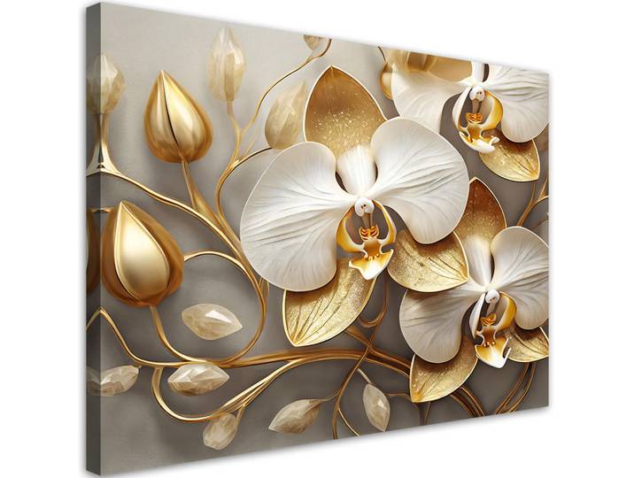 Feeby Leinwandbild Orchidee glamourös gold 120x80cm, Goldfarben, Abstrakt, Rechteckig, 120x80 cm, Bilder & Rahmen, Bilder, Leinwandbilder