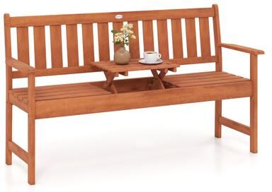 "Costway 59"" Outdoor Wood Garden Bench with Pull-Out Center Table"