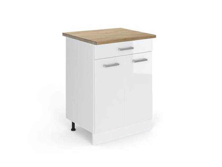 Vicco Küchenunterschrank R-Line, Weiß Hochglanz, 60 cm 1 Schublade · Arbeitsplatte Eiche · Höhenverst. Füße · 2 Türen · Leichter Zugriff