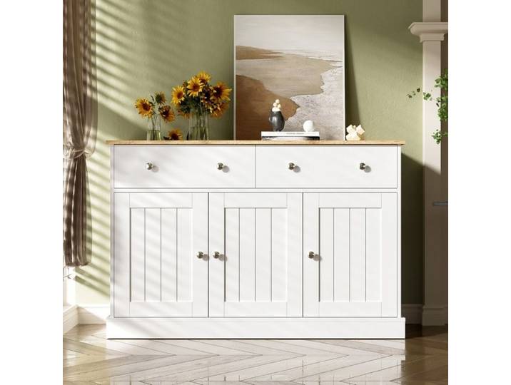 Buffet Bahut Salon Élégant - 3 Portes Texture Gravée Relief et 2 Tiroirs - 120x36x80.5 cm - Panneaux de Particules Blanc et Bois