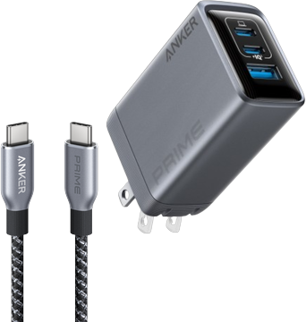 Bundle kit:Anker Prime Charger (100W, 3 Ports, GaN) and Anker Prime USB-C to USB-C Cable (240W, Upcycled-Braided)