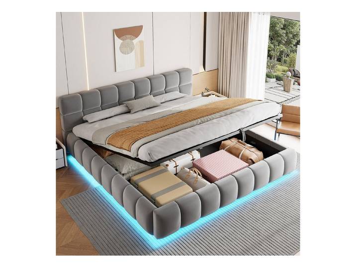 Odikalo Stauraumbett Polsterbett Mit LEDLichtleiste Ausgestattet hydraulischer Staufunktion (Kopfteil und Bettseiten mit voluminöser Solider Formgebung Jugend Doppelbett Samtstoff)