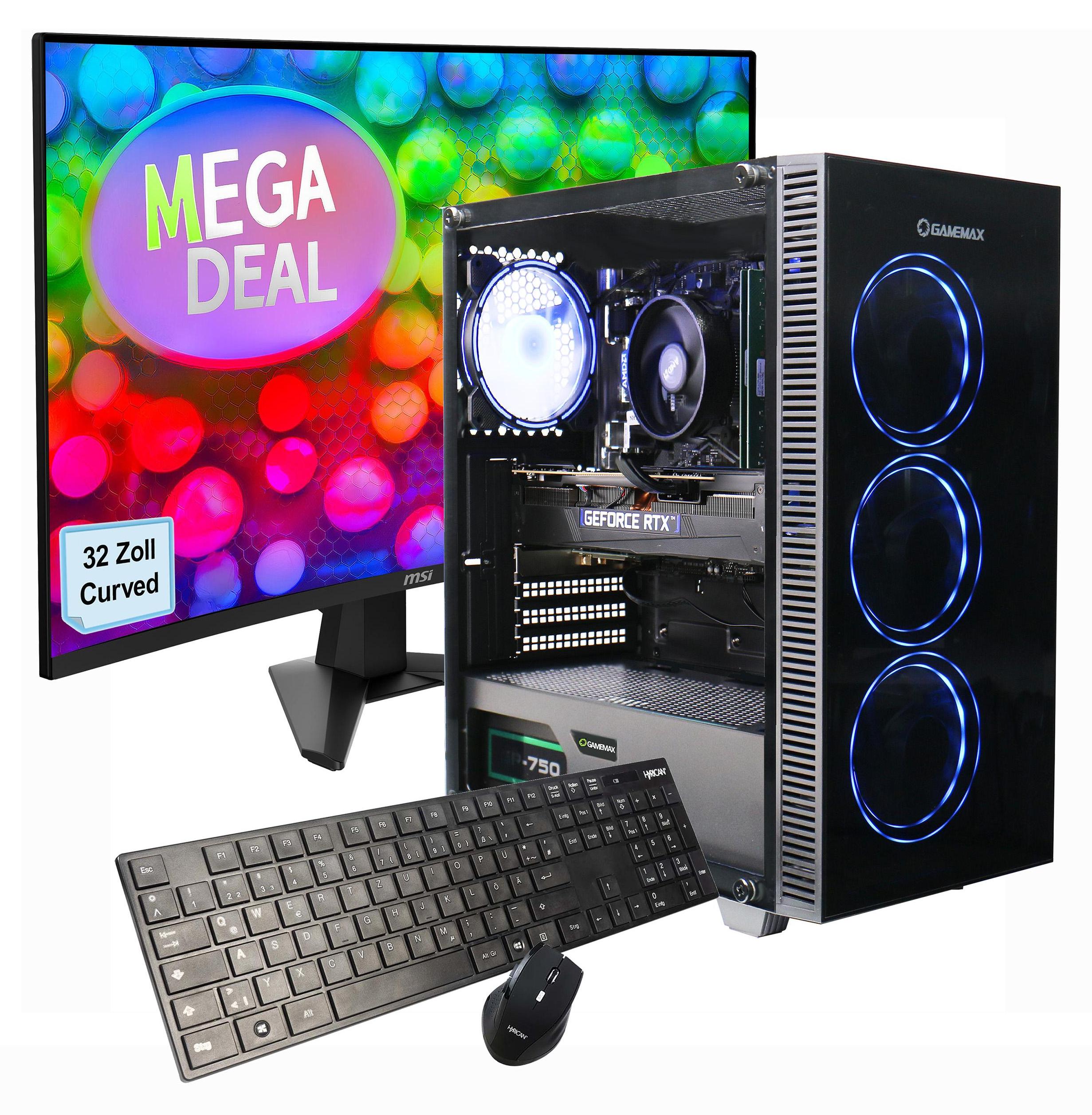 GAMEMAX Gaming PC Draco XD Komplett SET Ryzen 5 5500 32GB RAM 1TB SSD RTX 5050 Windows 11 + MSI MAG 32C6 Monitor Curved 80cm (32") + Zubehör