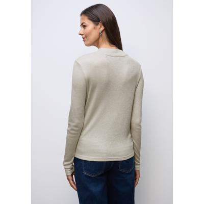 Langarmshirt STREET ONE, Damen, Gr. 42, beige (soft beige), Stoff, 82% Viskose, 10% metallisierte Fasern, 8% Polyamid, unifarben, normal normal, hoch geschlossener Ausschnitt, abgesteppt, Shirts Langarmshirt, im Glitzer-Look
