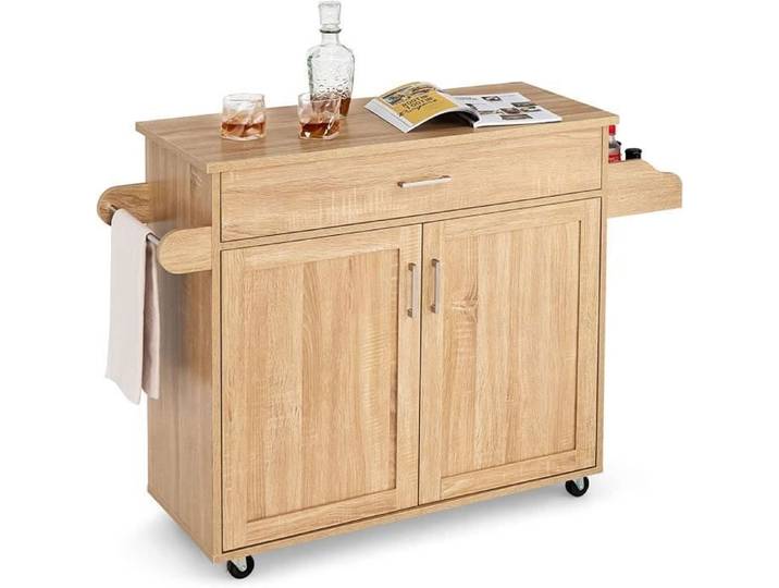 GOPLUS Desserte de Cuisine à roulettes avec 2 Étagere&1 tiroir Chariot de Rangemant avec Porte-Serviettes 116 x40x85CM Naturel