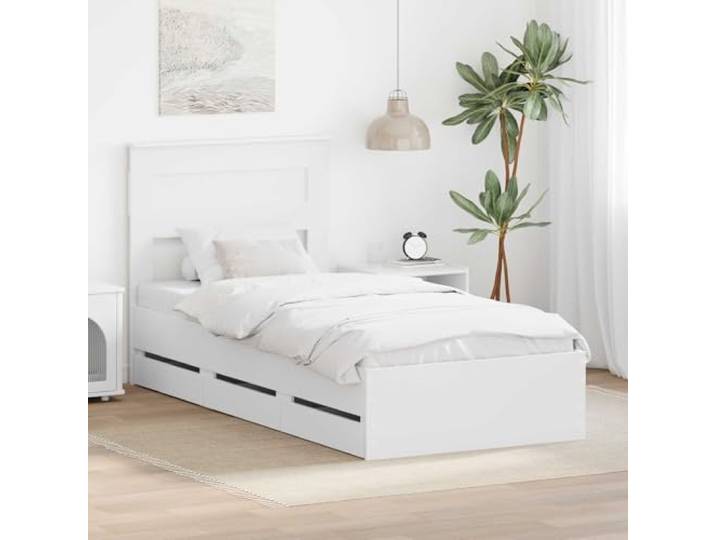 RJPLMFV Bettgestell mit Schublade, Weiß, 75 x 190 cm Holzwerkstoff, Lattenboden, integrierte Aufbewahrung, modernes Design, einfache Montage