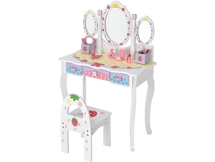 GOPLUS Coiffeuse pour Enfant 2 en 1 Table de Maquillage avec Tabouret et 3 Miroirs Amovibles 3 Tiroirs et 2 Boîtes Charge