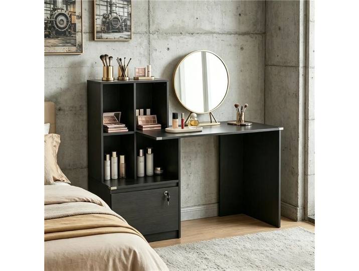 Bureau informatique avec bibliothèque 4 compartiments ouverts + tiroir verrouillable pour bureau chambre rangement fonctionnel.