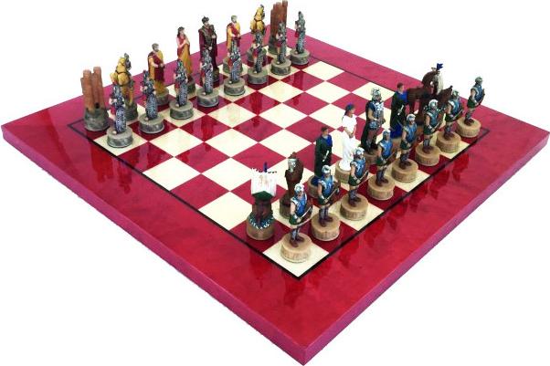 Italienisches Schachfiguren-Set Schlacht Um Troja + Schachbrett Holz Weiss/Rot 42
