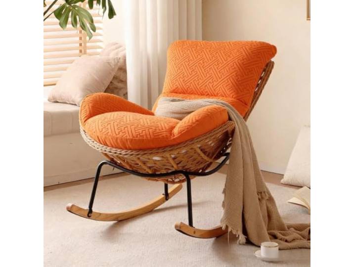 TINGMIAN Handgefertigter Rattan-Webstuhl, bequemer Lounge-Stuhl Bequemer Loungesessel aus PU-Leder, gepolstert, für Erwachsene, ideales Wohnzimmer oder Schlafzimmer (gestreiftes Orange)