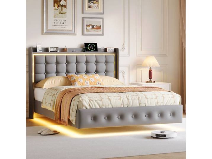 ADWOLT Lit 140×200 cm LED et USB cadre de lit flottant 140×200 cm sommier à lattes Velours gris