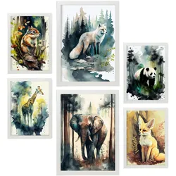 POSTER Set Mit 6 Wald Und Savanne Illustrationen Von Tieren In Naturlandschaften, Realistischer Aquarellstil Innenarchitektur A3 & A4 Weißer Rahmen