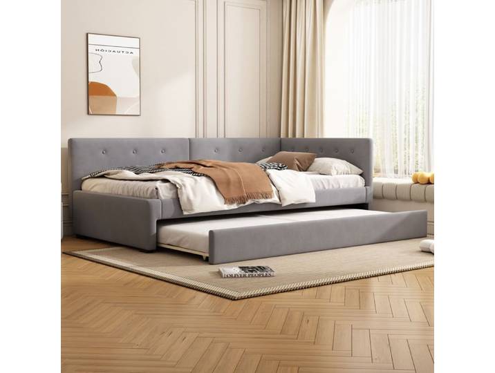 Lit canapé 90x200 en velours gris : gigogne et sommier à lattes fourni