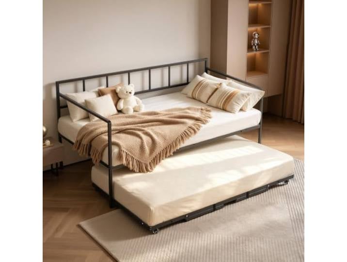 VEVOR Tagesbett Bettgestell 180 kg 2-in-1-Ausziehbett Metall Schlafsofa Ausziehbares Bett für Wohnzimmer Schlafzimmer Gästezimmer, für 2 Personen, Metall-Konstruktion, Feststellbare Rollen, Schwarz