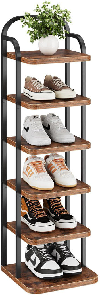 17 Stories Shoe Rack Organizer, Space Saving Vertical Tall Shoe Shelf, Adjustable Tiers Dark Brown Wood 6