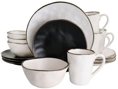 Elama Roman 16 Piece Stoneware Dinnerware Set in Assorted Matte with Gold Rim - 16 Piece Set