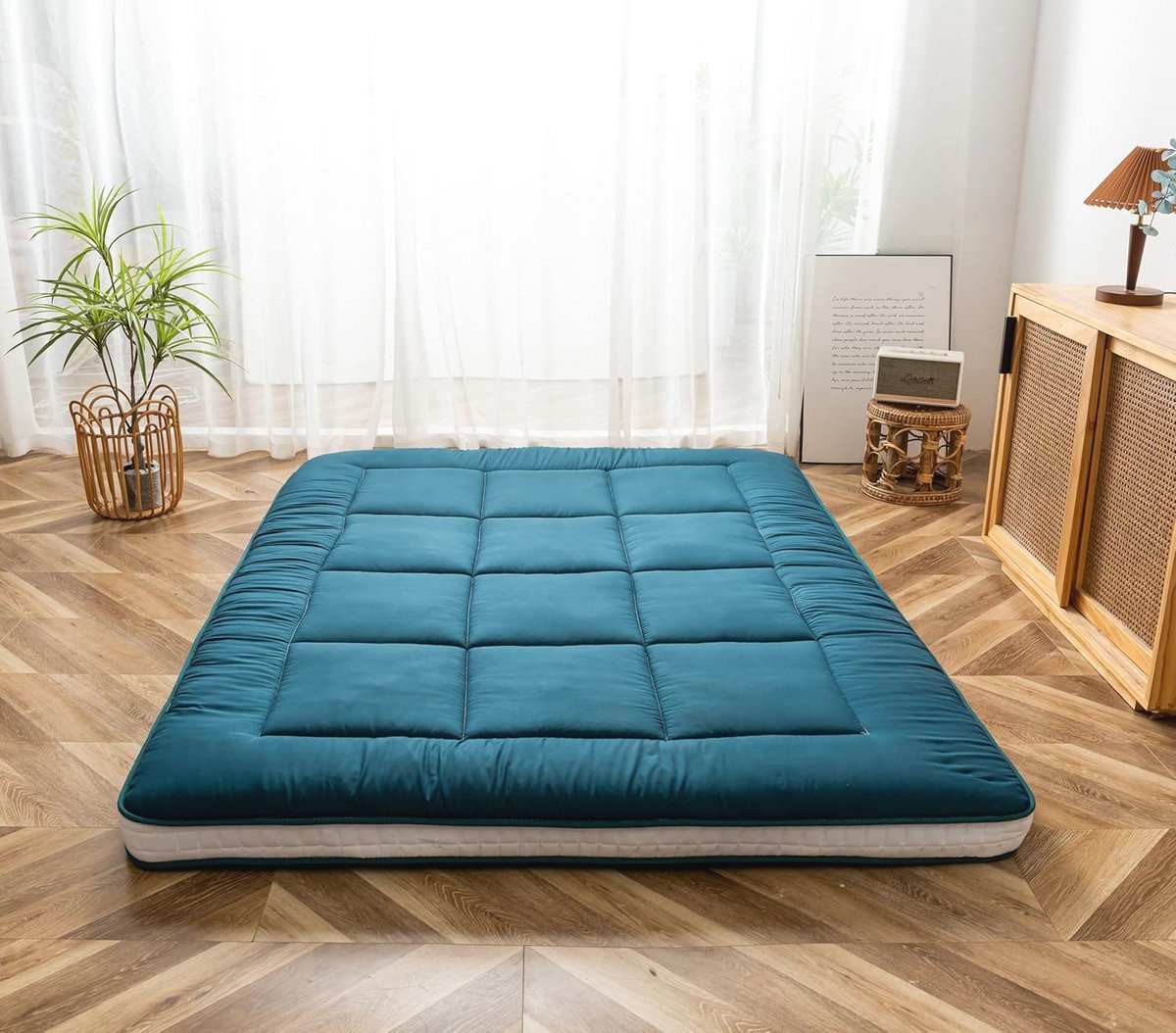 Maxyoyo Futon matras, gewatteerd Japanse vloermatras, extra dik opvouwbaar slaapkussen met visco elastisch schuim, tweepersoons, arduinkleur