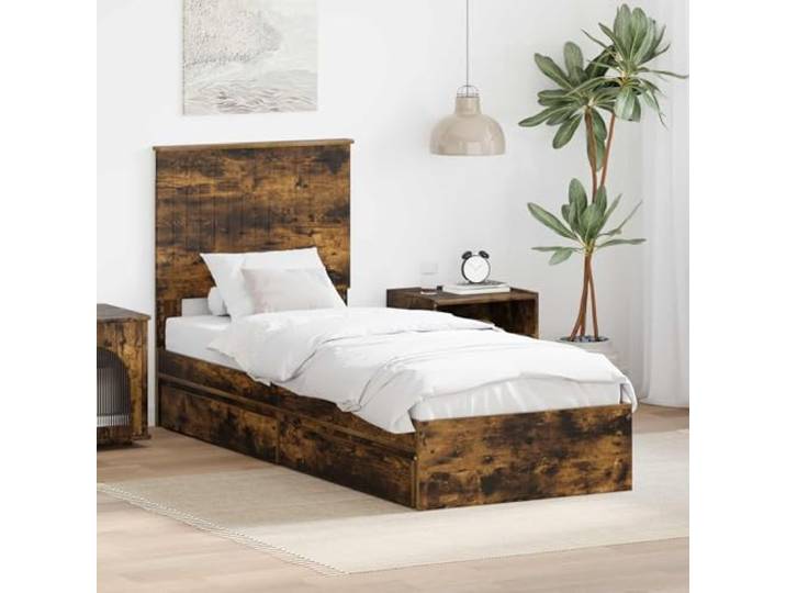 KTHLBRH Bett mit Stauraum, Eiche Rauchgrau, 75 x 190 cm Mehrschichtiges Holz, mit Kopfteil, integrierte Schubladen, einfache Montage