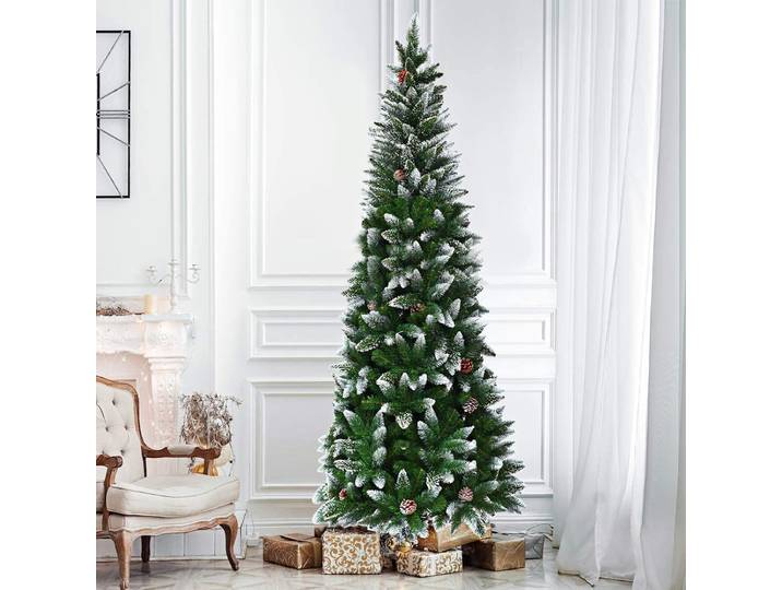 COSTWAY 220cm Bleistift Weihnachtsbaum mit Schnee, Tannenbaum künstlich mit 720 Spitzen PVC Nadeln, 39 Kiefernzapfen & Ständer, Kunstbaum Weihnachten
