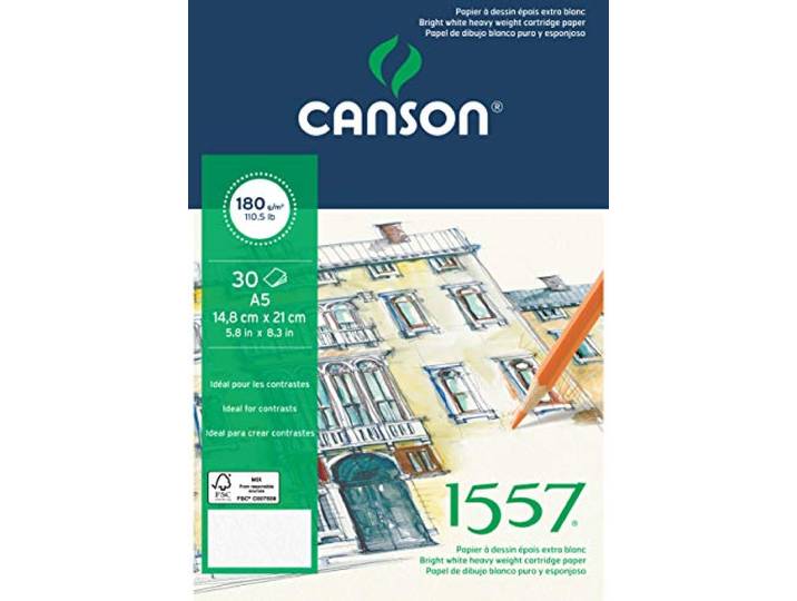 CANSON 1557® tekenpapier kopgelijmd, DIN A5-14,8 x 21 cm, 30 vellen, 180 g/m², licht korrelig