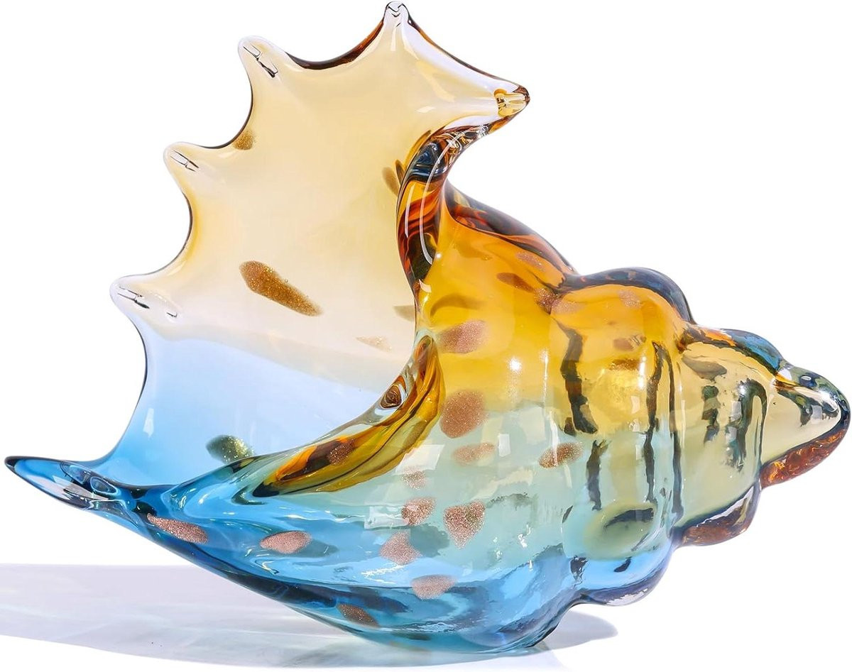 Zee Glas Art Beeldje Schelp Sculptuur Blauw Handgeblazen Glas