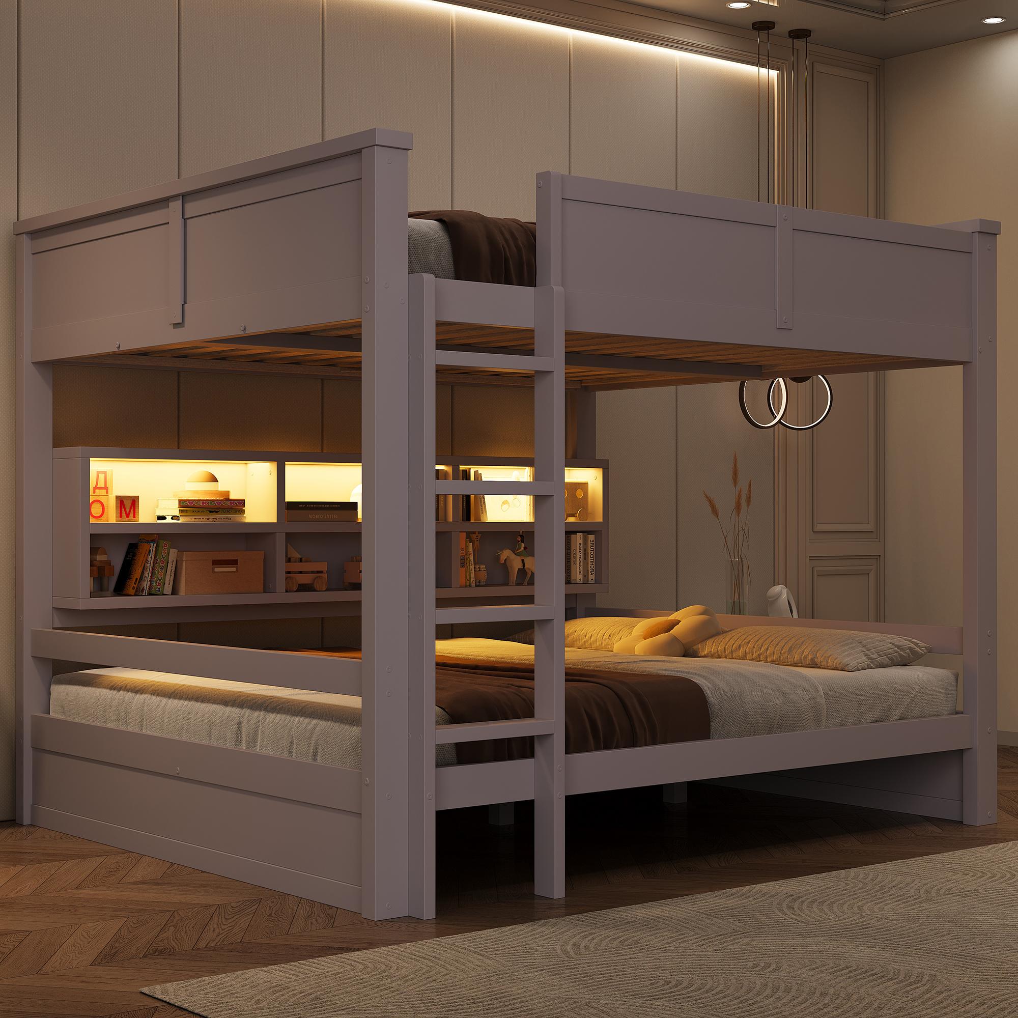 Merax 160x200cm Etagenbett, mit 6 Stauraumschränken, LED-Licht, Massivholz, Kinderbett, Stockbett, Jugendbett, Braun
