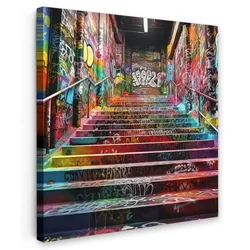 LEINWANDBILD Treppe - Graffiti - Farben - Kunst Wandbild Wohnzimmer 50x50 cm