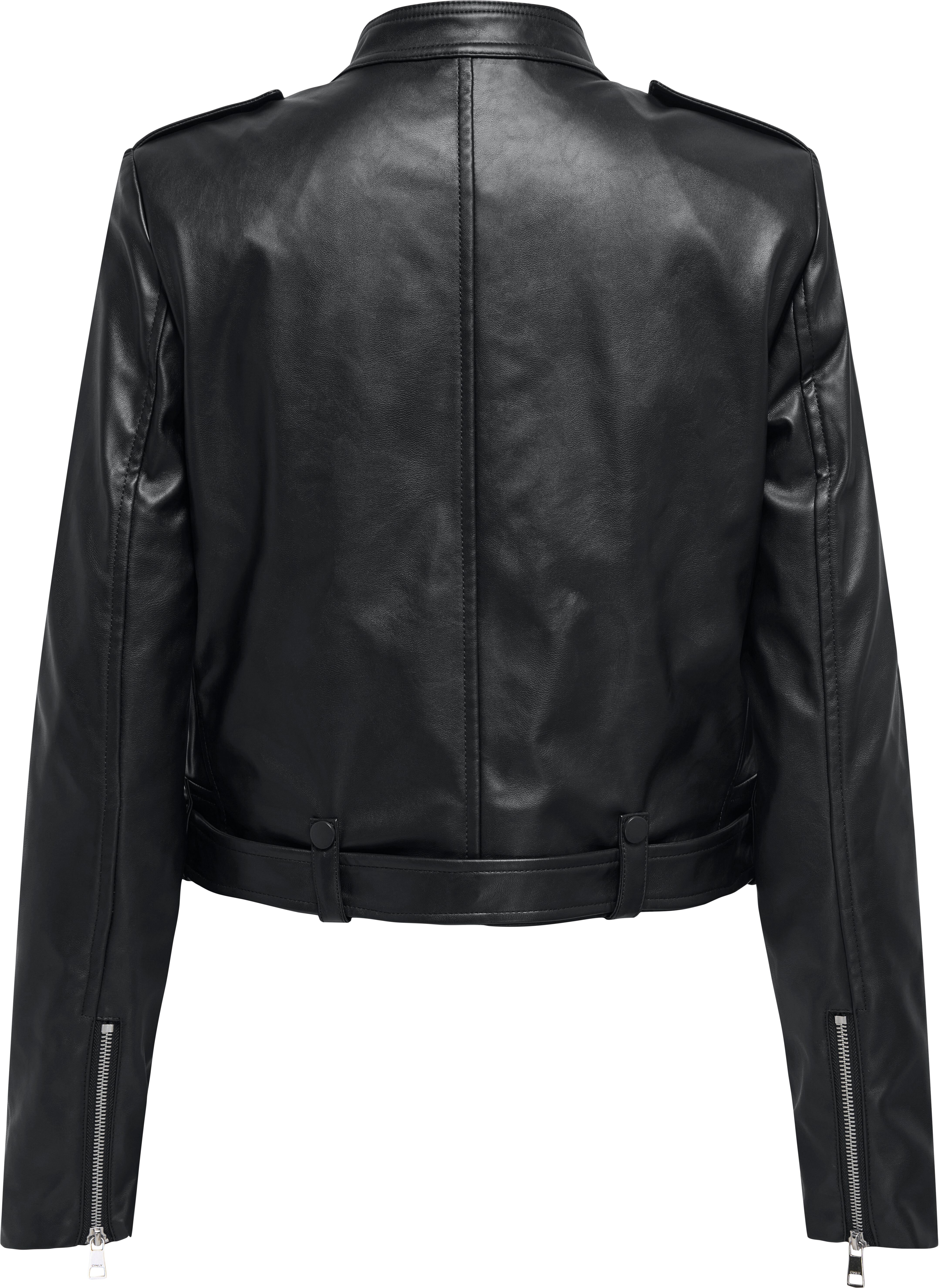 Lederimitatjacke ONLY "ONLSADIE FAUX LEATHER JACKET CC OTW", Damen, Gr. L, schwarz, Web, Obermaterial: 100% Polyester, unifarben, regular fit, hoch geschlossener Ausschnitt, Jacken Lederimitatjacke