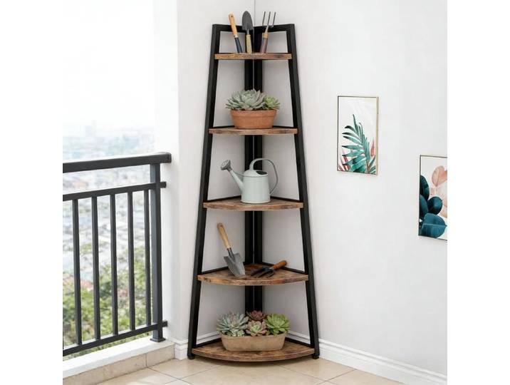 ELVORIN Etagere d'angle 5 niveaux porte-plantes et bibliotheque d'angle metal noir et etageres en bois noir et marron